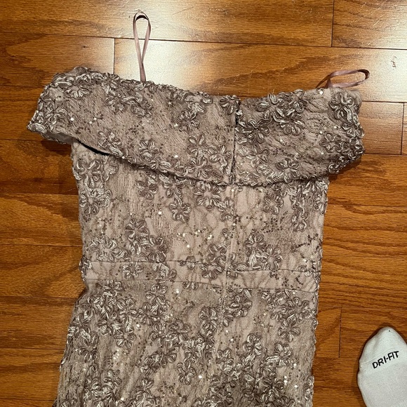 Xscape Strapless Floral Lace Dress in Taupe - Picture 7 of 8